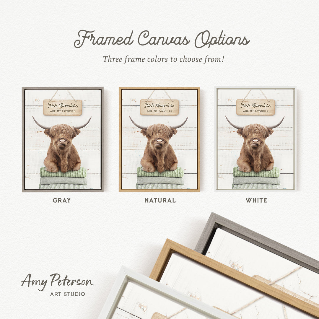 three framed canvas options featuring a brown Highland cow with horns, each in a different frame color: gray, natural, and white.