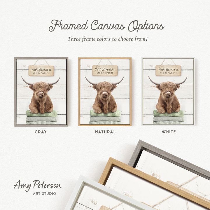 three framed canvas options featuring a brown Highland cow with horns, each in a different frame color: gray, natural, and white.