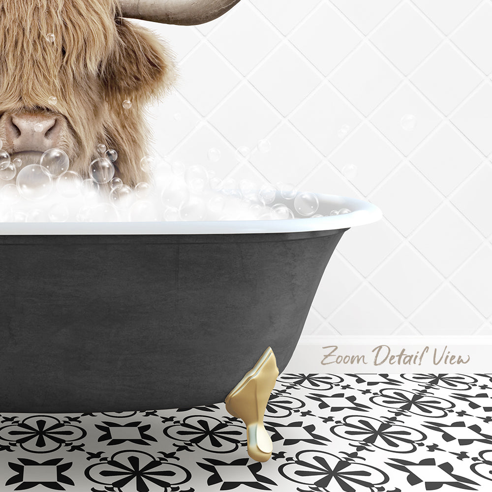A cow with long horns is sitting in a bathtub filled with bubbles, with a patterned tile floor in the foreground.