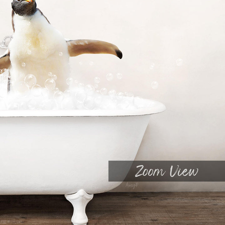 A penguin standing in a white bathtub filled with bubbles, with the text "Zoom View" below the image.