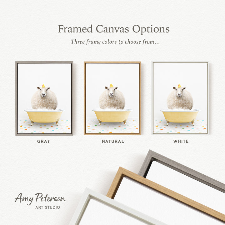 three framed canvas options, each featuring a white sheep in a bathtub. The options include a gray frame, a natural frame, and a white frame.