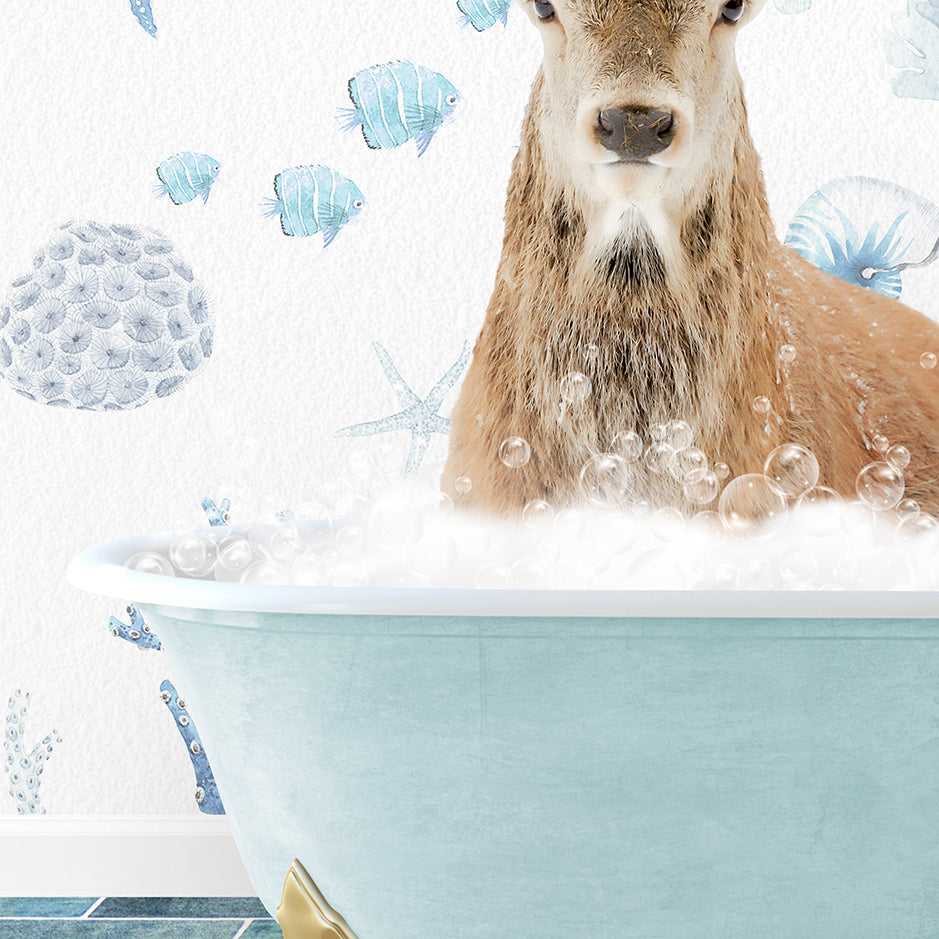 a deer is sitting in a bathtub with bubbles