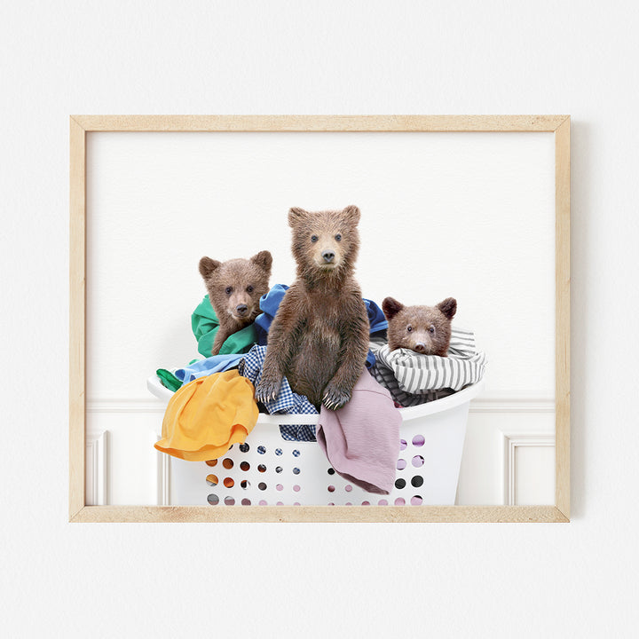 a picture of three bears sitting in a laundry basket