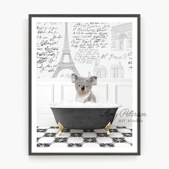 a picture of a koala in a bathtub with the eiffel tower