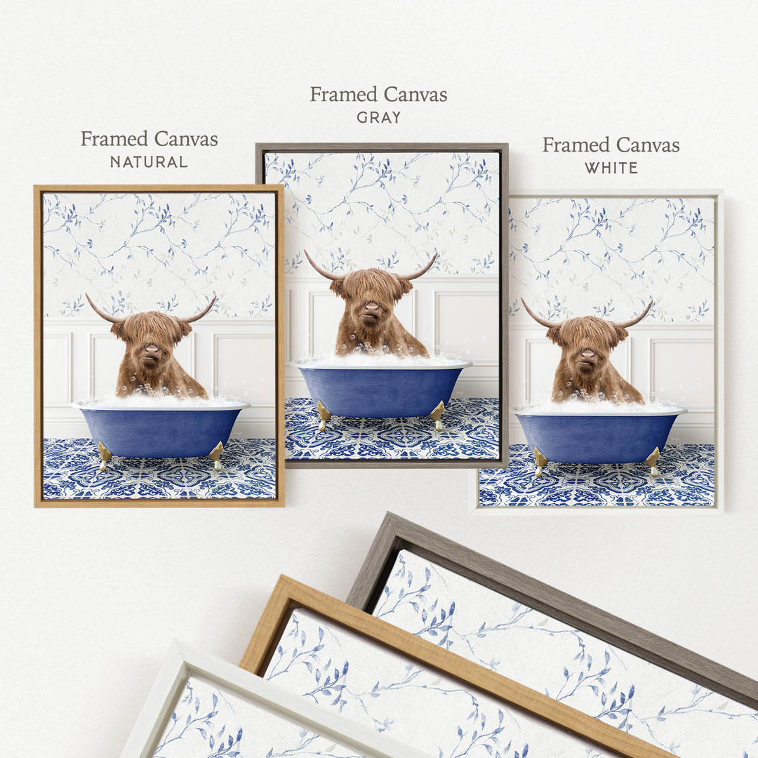 a framed canvas with a brown Highland cow sitting in a blue bathtub, surrounded by a floral pattern.