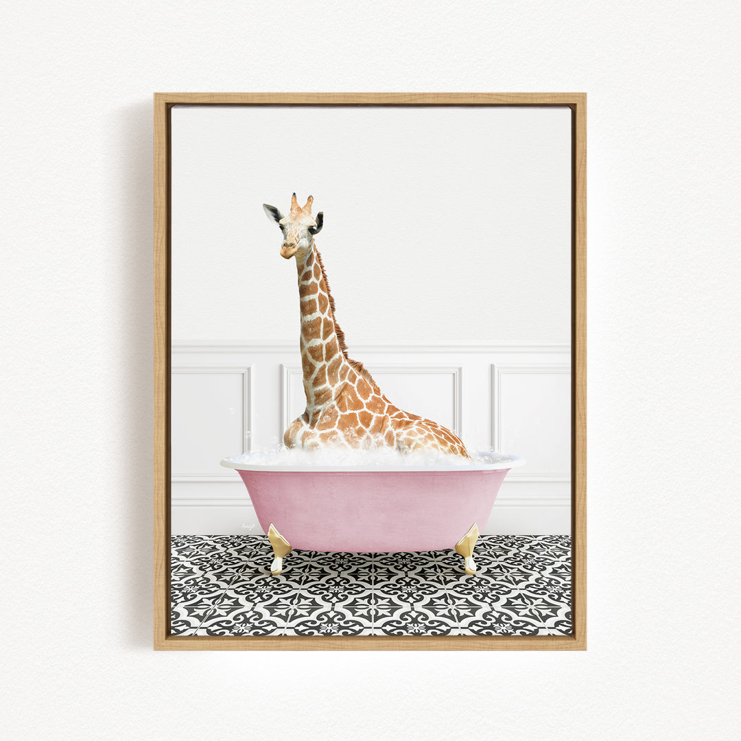 A giraffe sitting in a pink bathtub filled with water, surrounded by a black and white patterned floor.