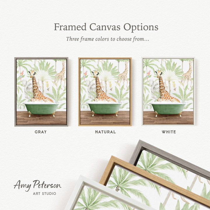 three framed canvas options featuring a giraffe in a bathtub, each with a different frame color: gray, natural, and white.