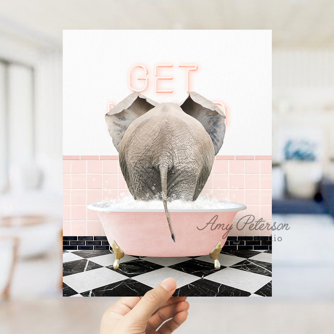 a person holding up a card with an elephant in a bathtub