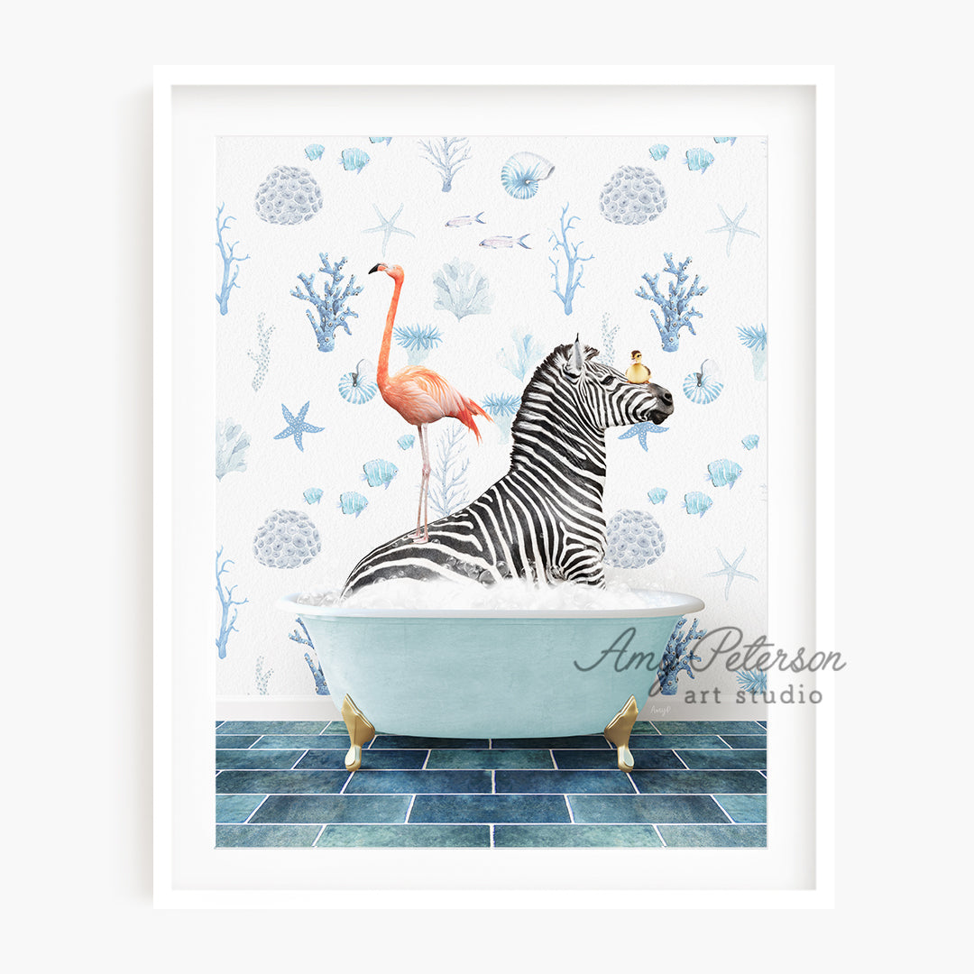 a picture of a zebra and a flamingo in a bathtub