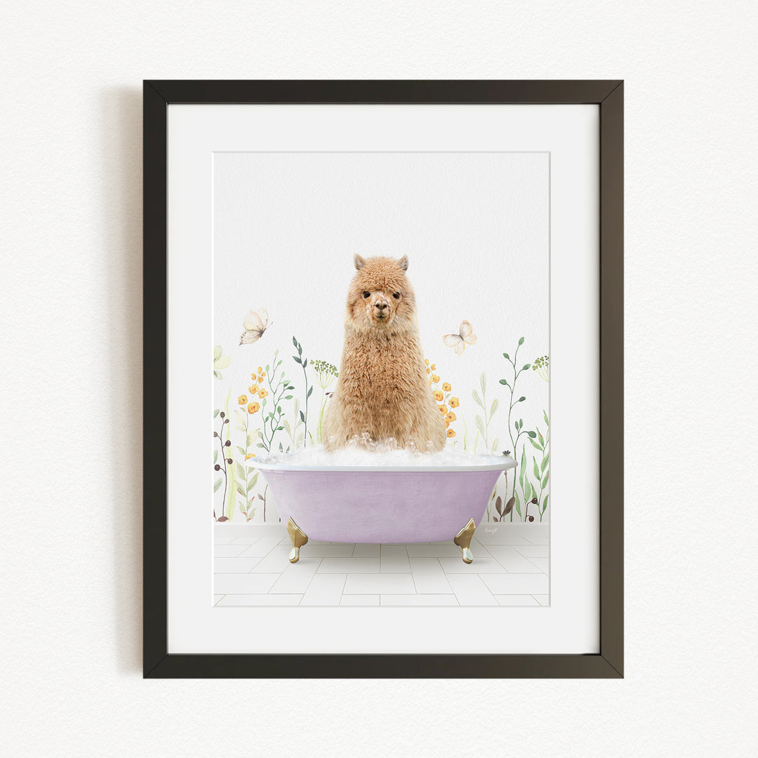A fluffy brown dog sitting in a purple bathtub filled with bubbles, surrounded by flowers and butterflies.