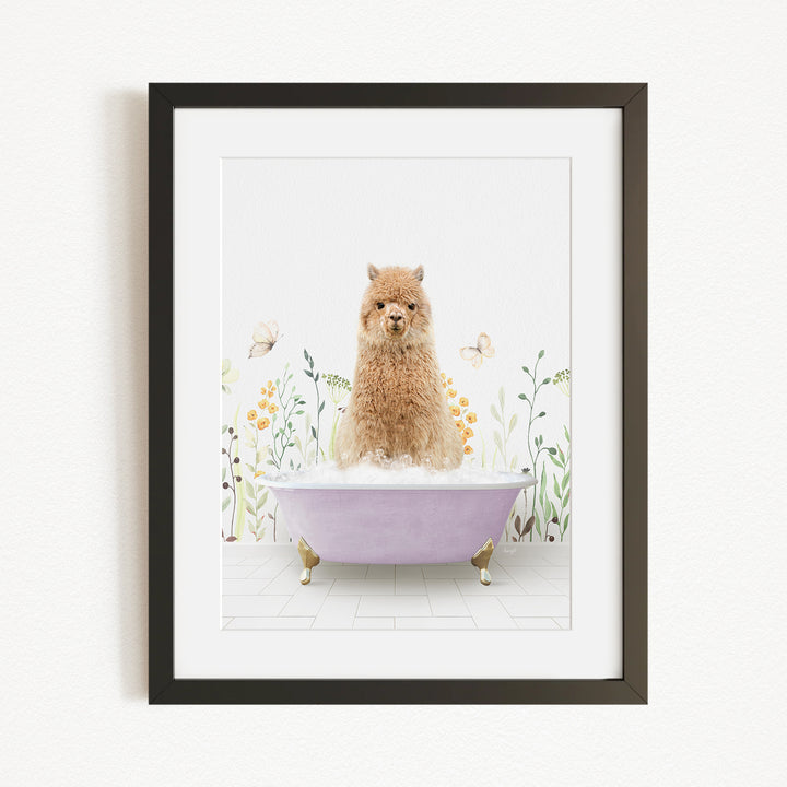 A fluffy brown dog sitting in a purple bathtub filled with bubbles, surrounded by flowers and butterflies.