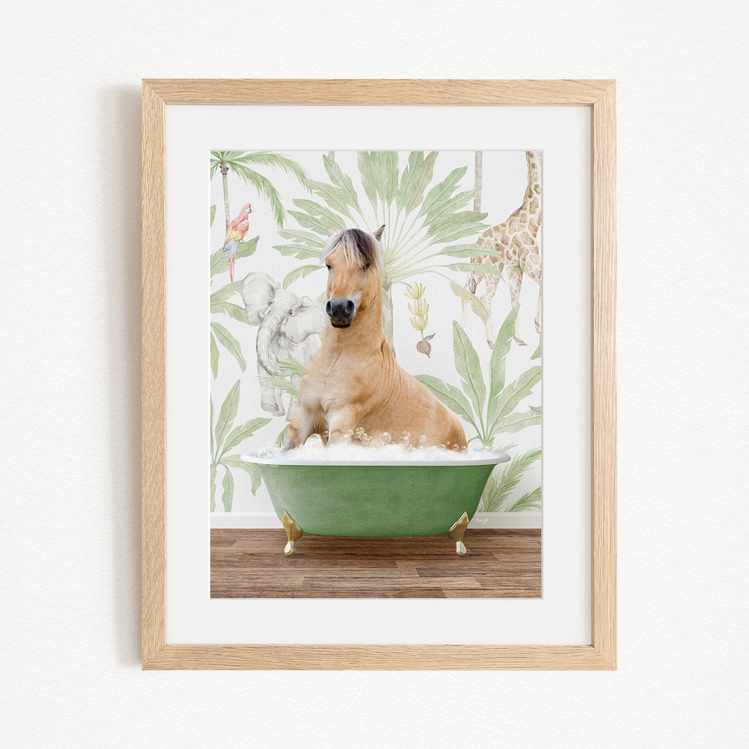 A brown horse is sitting in a green bathtub, surrounded by a tropical wallpaper with various animals and plants.