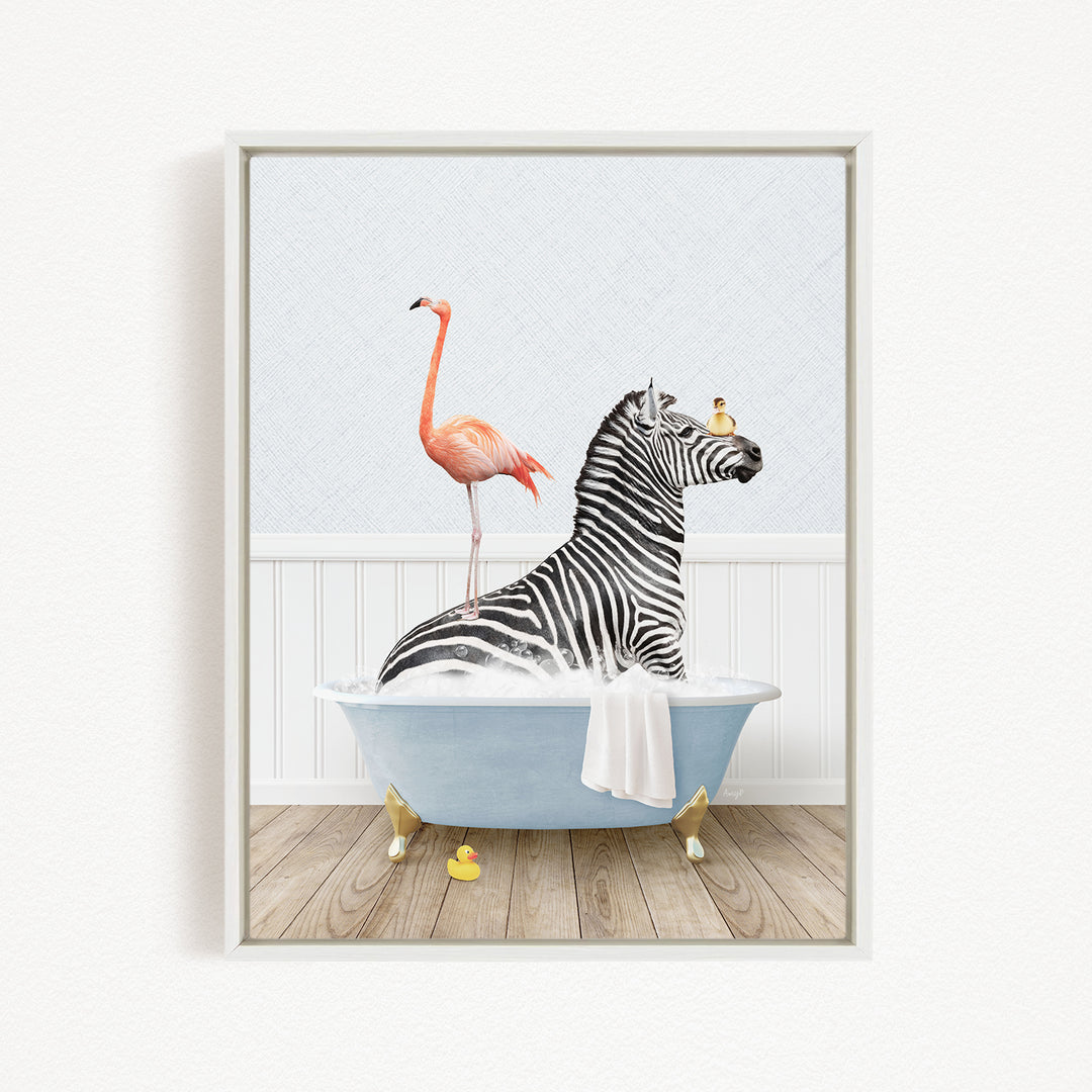 A zebra is sitting in a bathtub, with a pink flamingo standing on its back and a yellow rubber duck floating nearby.