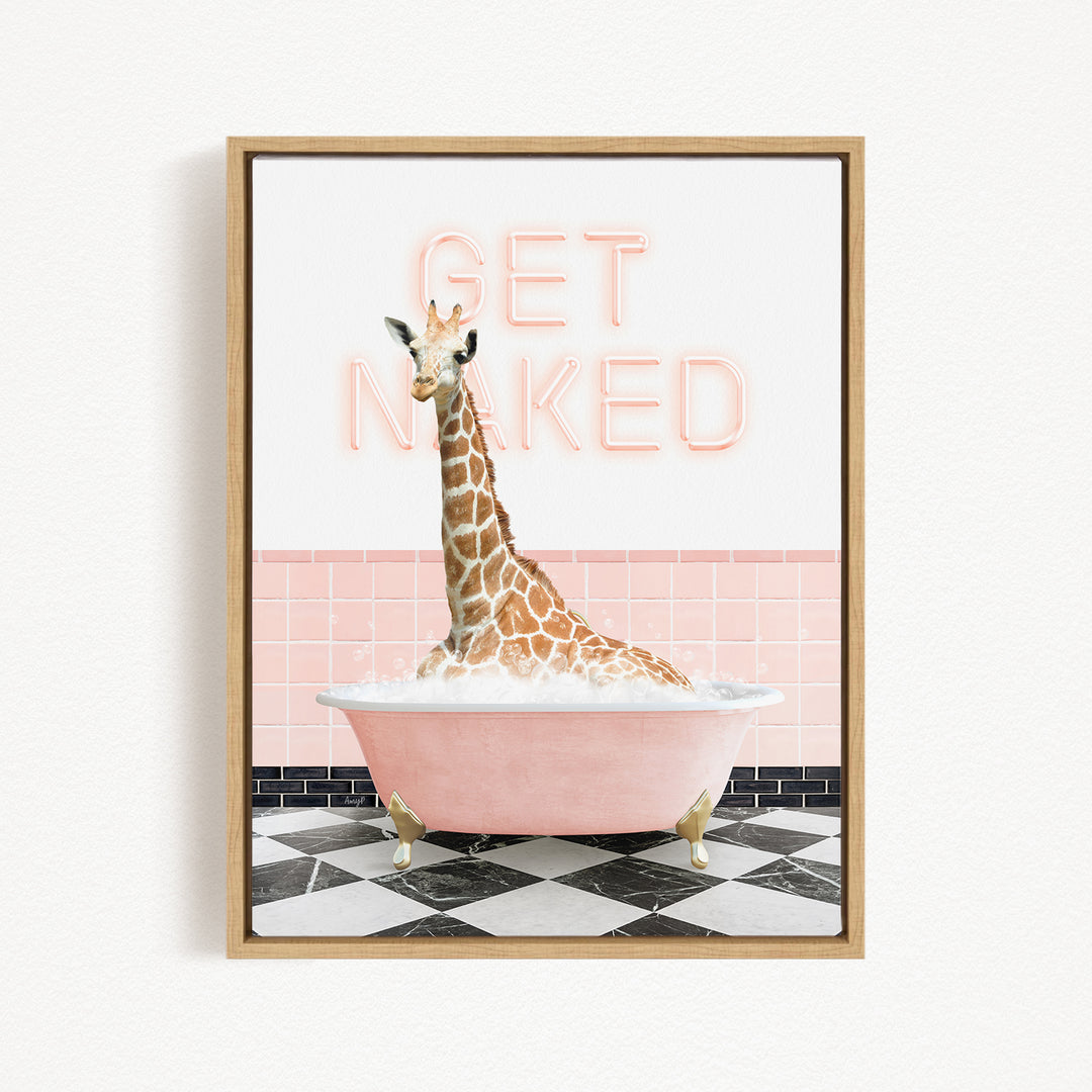 A giraffe sitting in a pink bathtub with the text "GET NAKED" displayed above it.