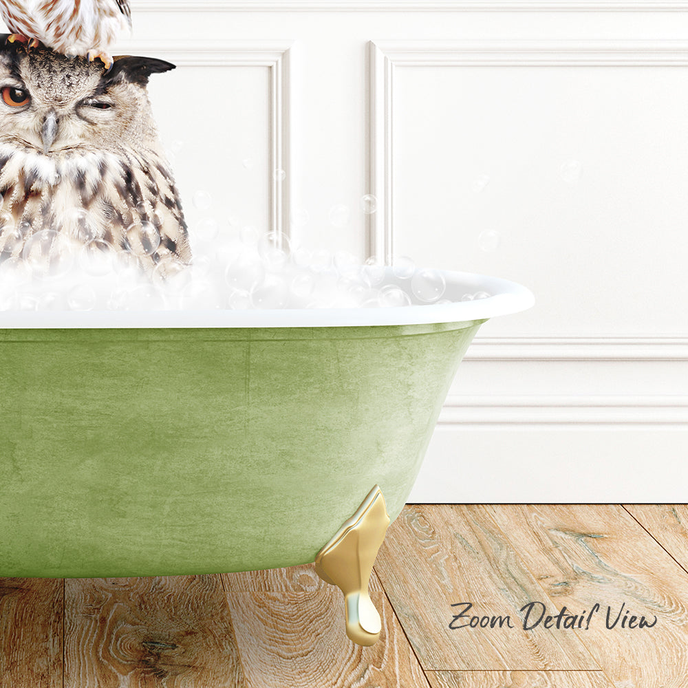A large owl sitting in a green bathtub filled with bubbles, with a wooden floor and white walls in the background.