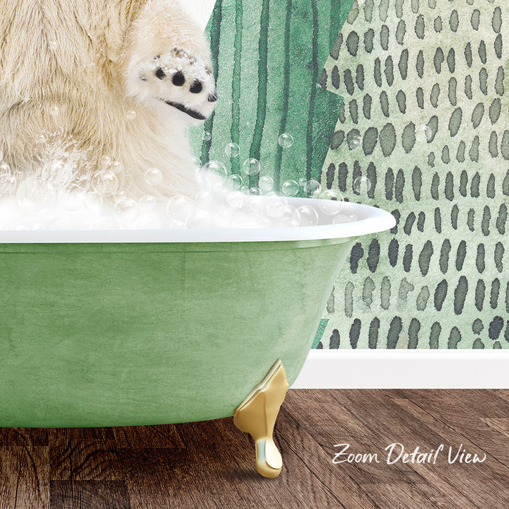 A polar bear is standing in a green bathtub filled with bubbles, with a patterned wall in the background.