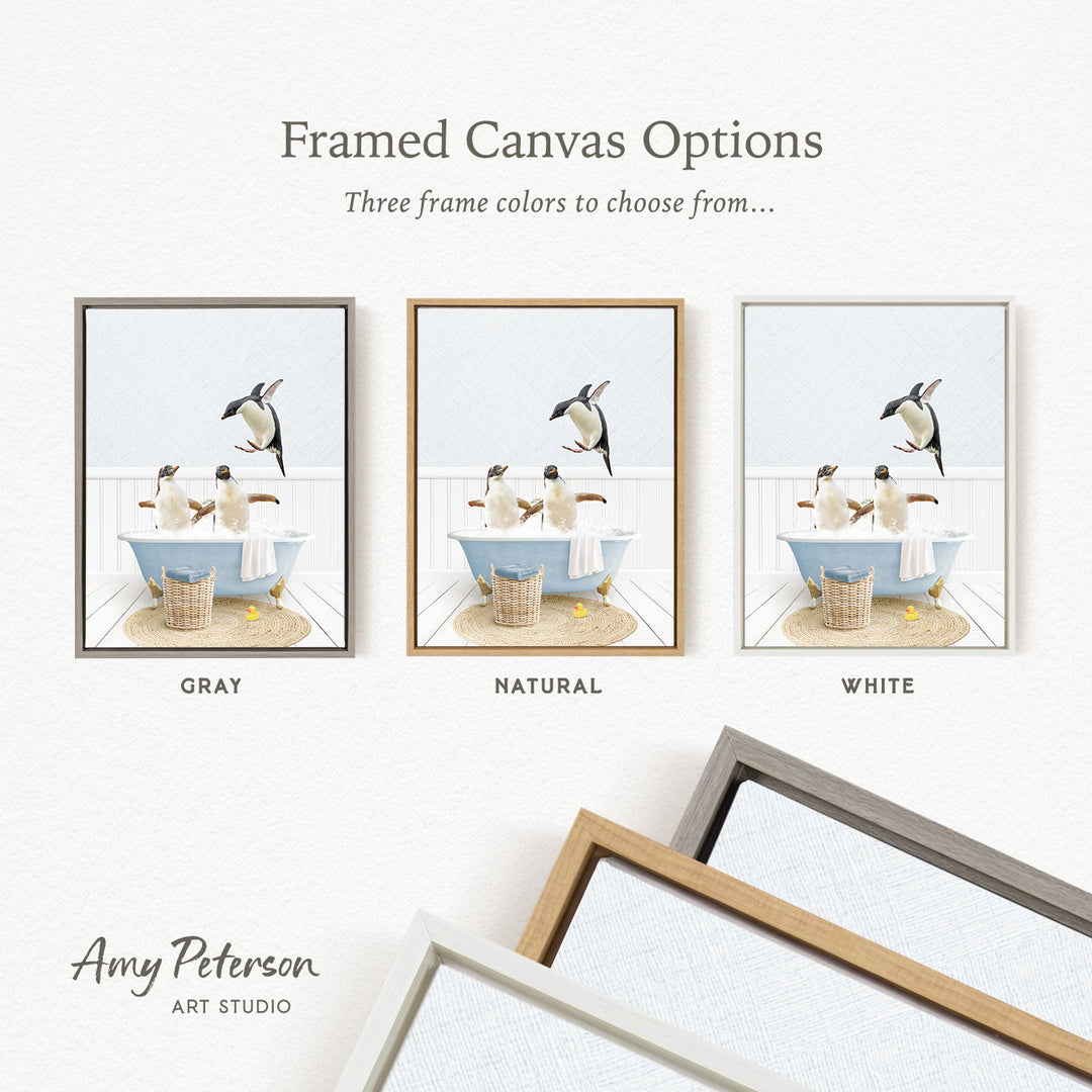 three framed canvas options, each featuring a different color: gray, natural, and white. The text above the images reads " Framed Canvas Options" and "Three frame colors to choose from...". The bottom of the image includes the text " Amy Peterson ART STUDIO".