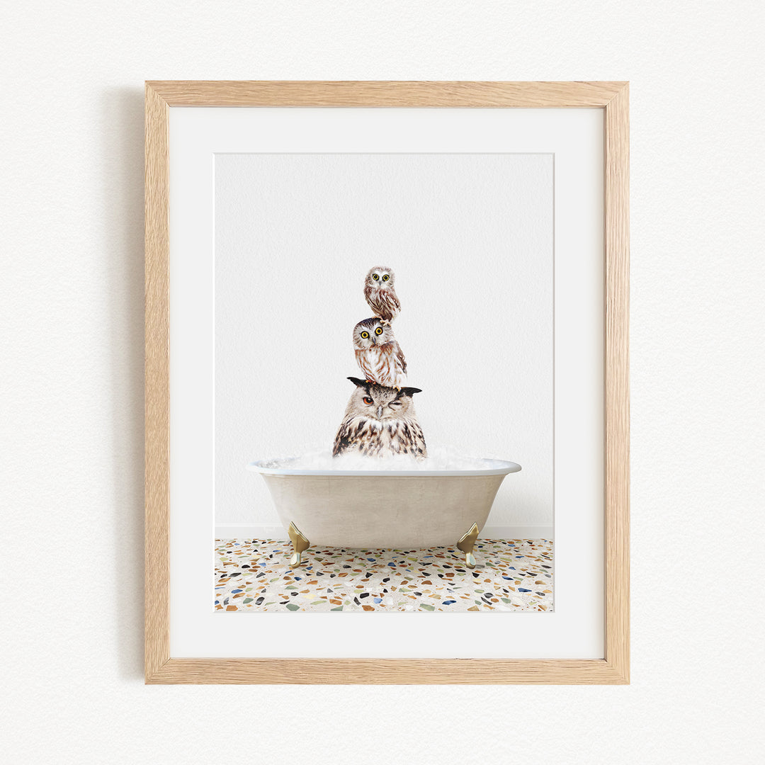 A framed image depicting a group of owls sitting in a bathtub filled with water.