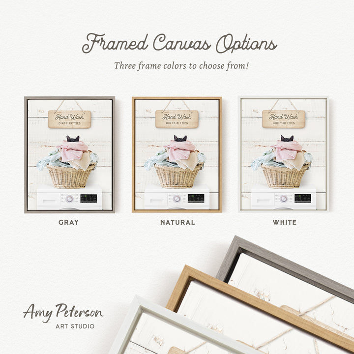 three framed canvas options, each with a different frame color: gray, natural, and white. The text above the images reads " Framed Canvas Options" and "Three frame colors to choose from!". The text below the images reads "Grays", "NATURAL", and "WHITE". The artist's name, Amy Peterson, is also mentioned at the bottom of the image.