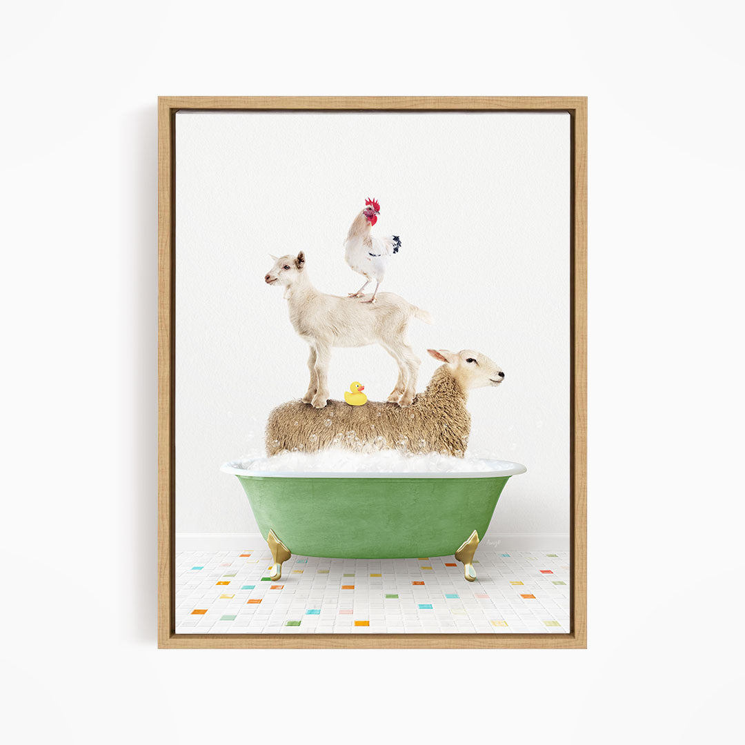 A framed image depicting a sheep standing on a goat's back while a chicken stands on top of a sheep in a green bathtub.