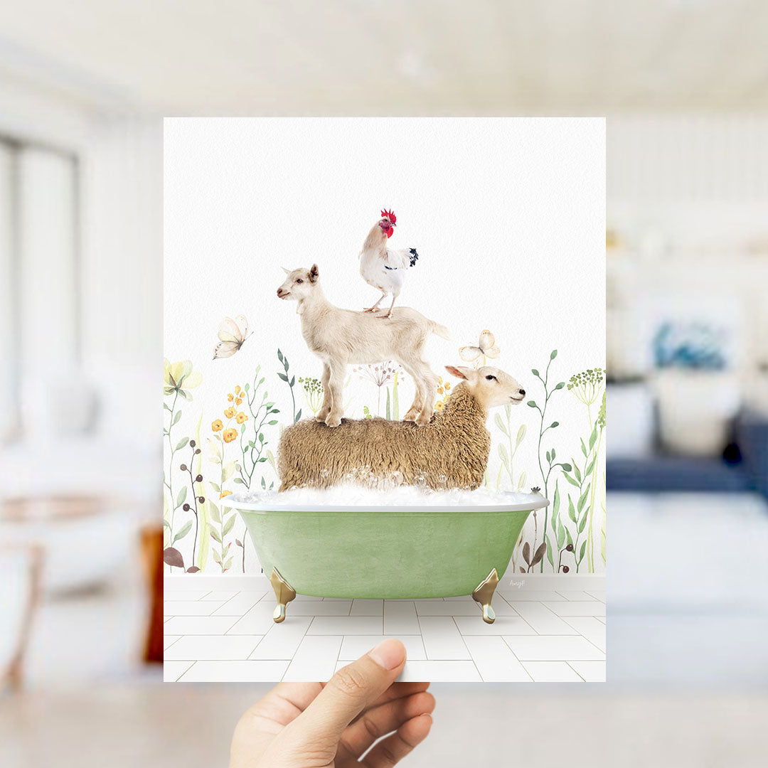 A hand holds up a collage of images depicting a goat standing on a sheep's back while a chicken sits on top of a sheep in a bathtub, surrounded by flowers and greenery.