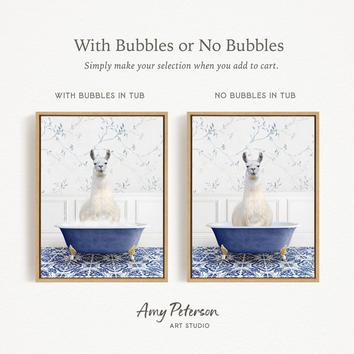 The image is a collage of two framed pictures, each featuring a white llama sitting in a blue bathtub. The llama is surrounded by bubbles, creating a playful and whimsical scene. The text above the images reads "With Bubbles or No Bubbles" and "Simply make your selection when you add to cart." The artist's name, Amy Peterson, is displayed at the bottom of the image.