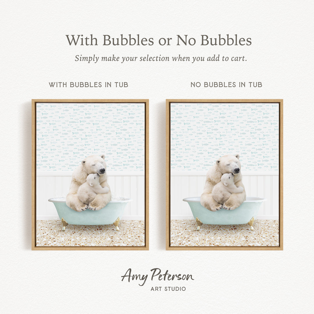 The image is a collage of two pictures, each featuring a polar bear and a baby bear in a bathtub. The polar bear is sitting in the tub with bubbles, while the baby bear is sitting in the tub without bubbles. The image is labeled "With Bubbles or No Bubbles" and "With Bubbles in Tub" to indicate the presence of bubbles in each scene.
