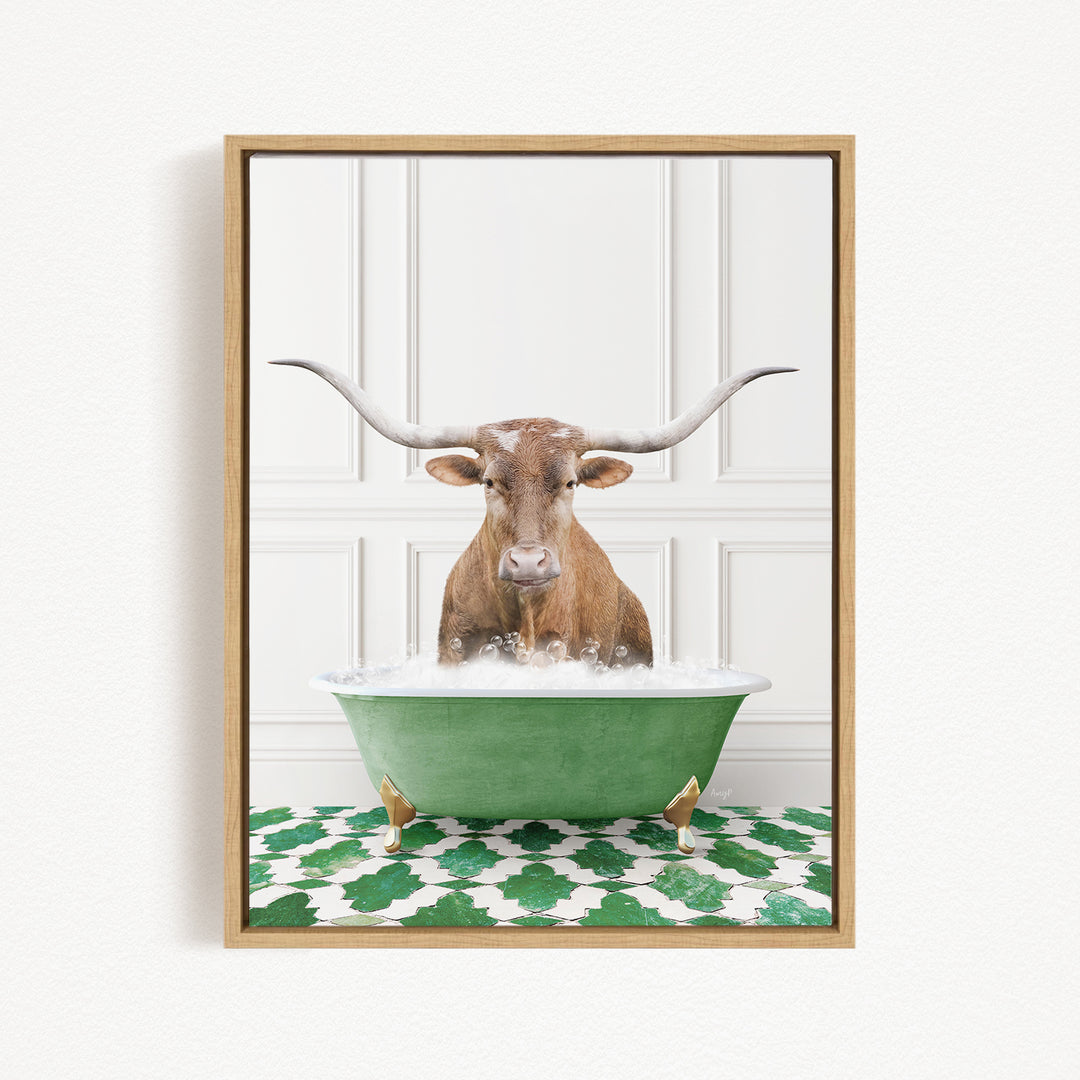 A brown cow with large horns is sitting in a green bathtub filled with water, creating a whimsical and playful scene.