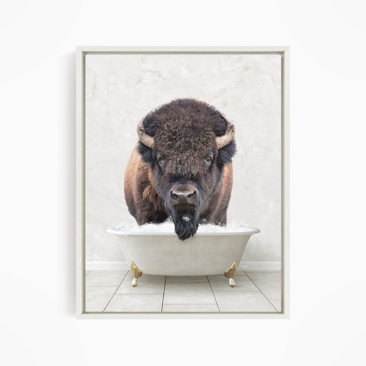 A buffalo with a long beard is standing in a white bathtub, with its head poking out of the tub.