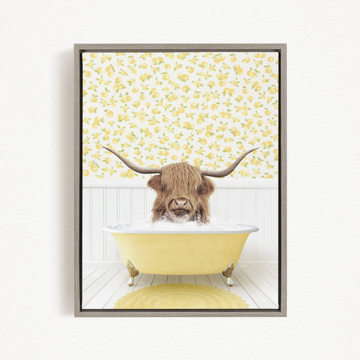 A brown cow with long horns is sitting in a yellow bathtub filled with water, surrounded by a yellow floral wallpaper.