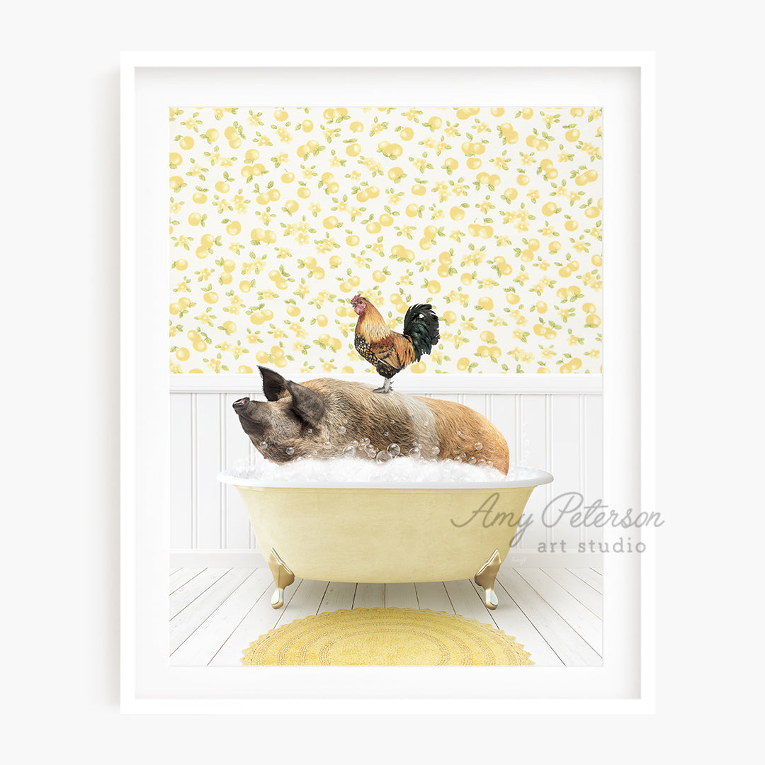 a dog laying in a bathtub with a chicken on top of it