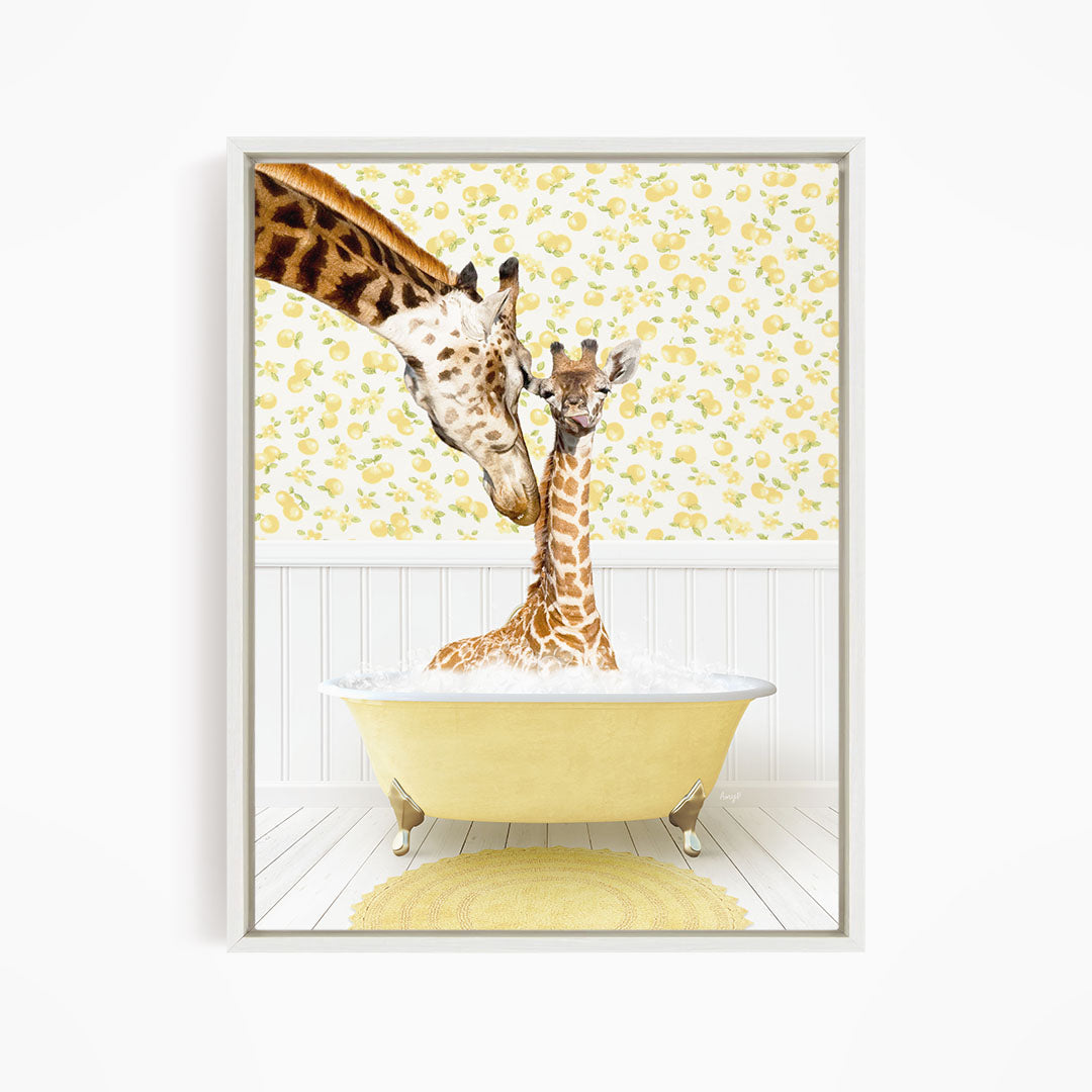 A mother giraffe and her baby giraffe are sitting together in a yellow bathtub, with the mother gently nuzzling her baby.