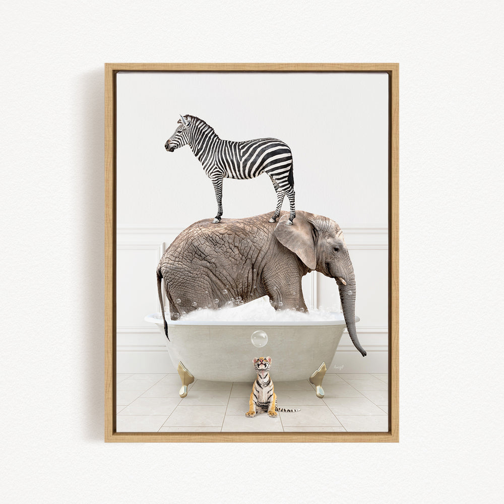 A zebra standing on the back of an elephant, both in a bathtub, with a tiger sitting in the tub in front of them.