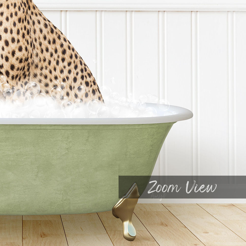 A leopard sitting in a green bathtub filled with water, with the text "Zoom View" displayed below the image.