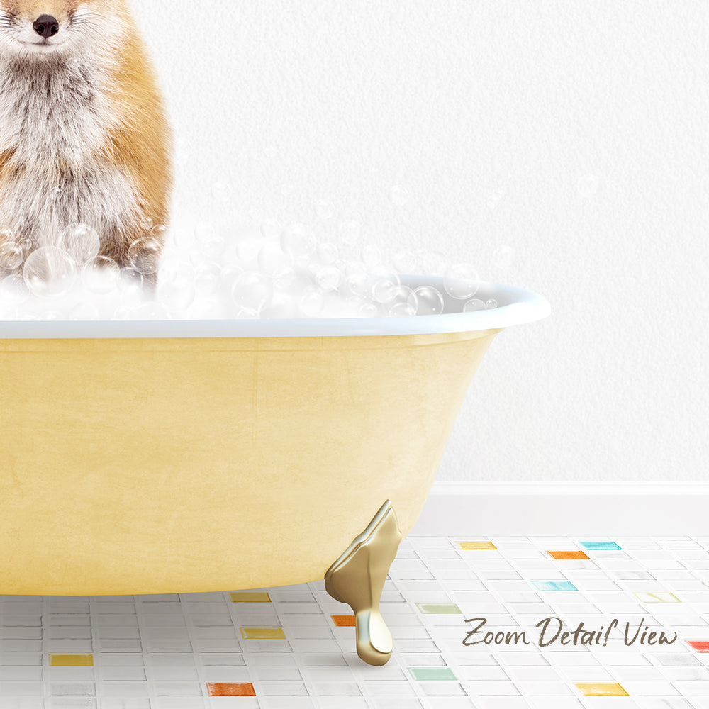 A dog standing in a yellow bathtub filled with bubbles, with a colorful tiled floor in the foreground.