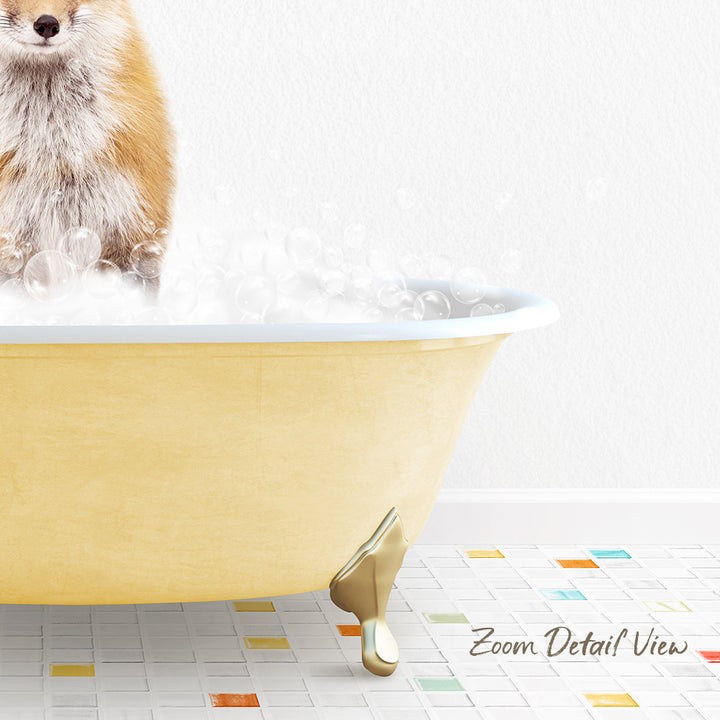 A dog standing in a yellow bathtub filled with bubbles, with a colorful tiled floor in the foreground.