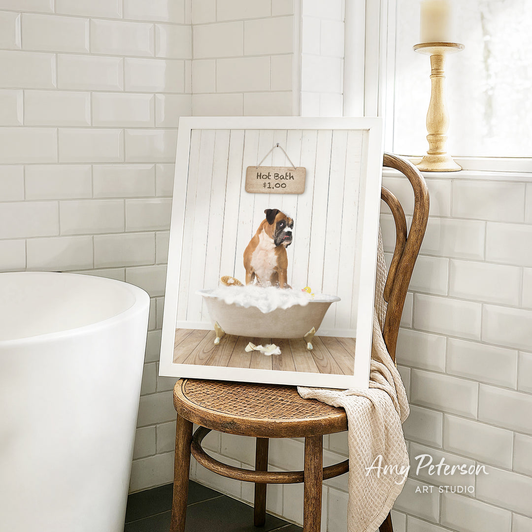 A framed image of a dog sitting in a bathtub, with a sign above it that says "Hot Bath $1.00".