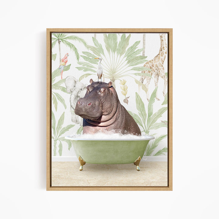 A hippopotamus sitting in a green bathtub, surrounded by tropical plants and animals, including a parrot and a giraffe.