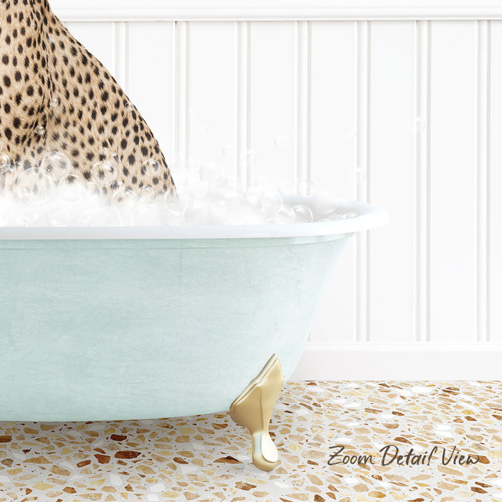 A leopard-print bathtub filled with water and bubbles, with a gold-colored bathtub leg visible.