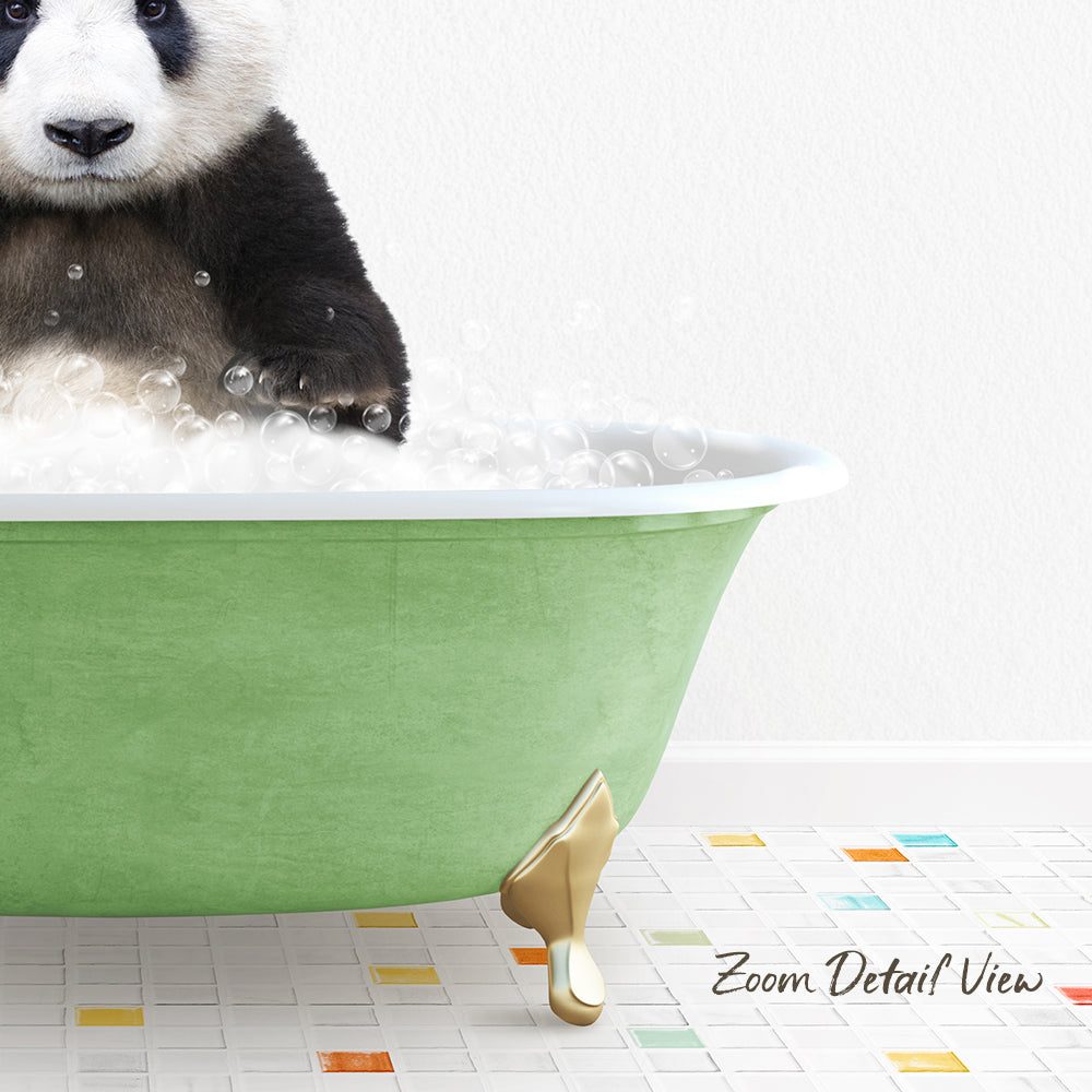 A panda sitting in a green bathtub filled with bubbles, with a colorful tiled floor in the foreground.