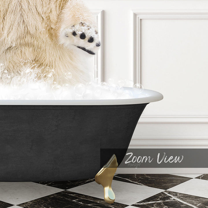 A fluffy white dog is standing in a bathtub filled with bubbles, with its paw raised above the water.
