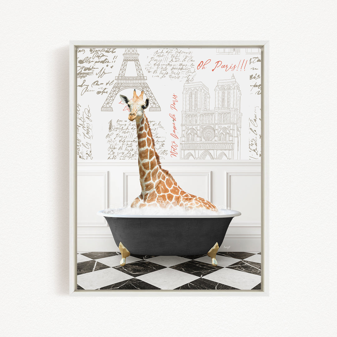 A giraffe sitting in a bathtub, surrounded by a checkered floor and a wall with the Eiffel Tower and other Parisian landmarks.