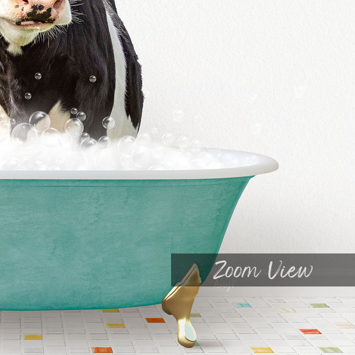 A black and white cow standing in a teal bathtub filled with bubbles, with a "Zoom View" label below the image.