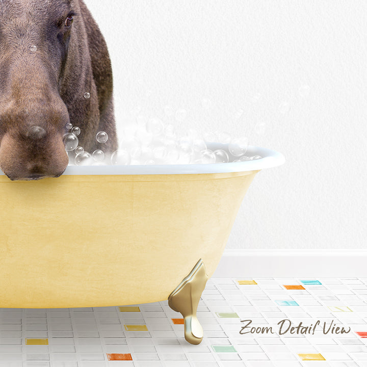 A dog is sitting in a yellow bathtub filled with bubbles, looking at the camera.