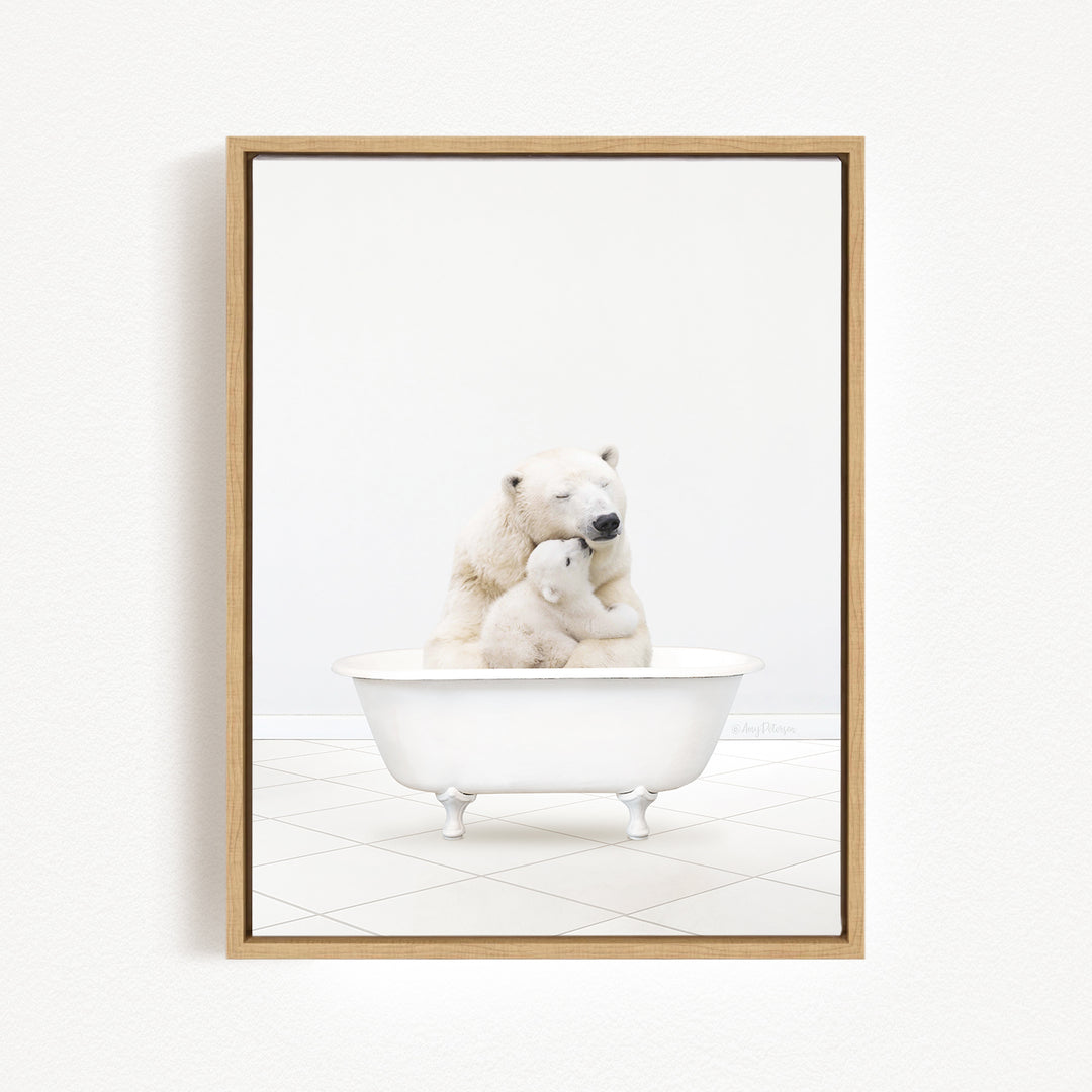 A polar bear is sitting in a white bathtub, with its head resting on another polar bear.