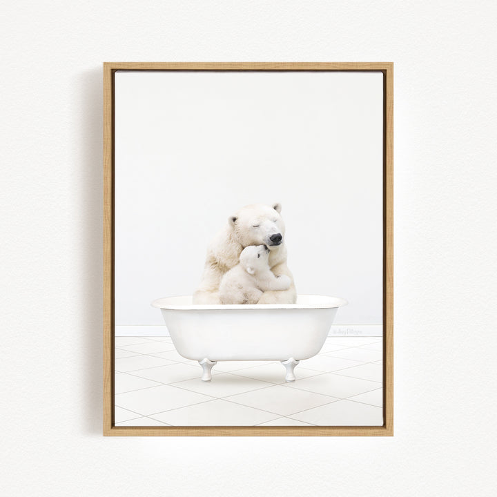 A polar bear is sitting in a white bathtub, with its head resting on another polar bear.