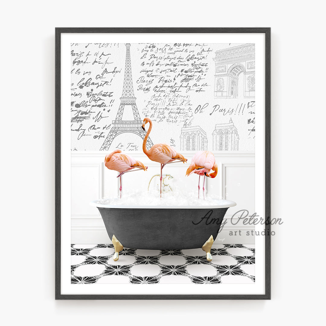 two flamingos in a bathtub with a black and white background