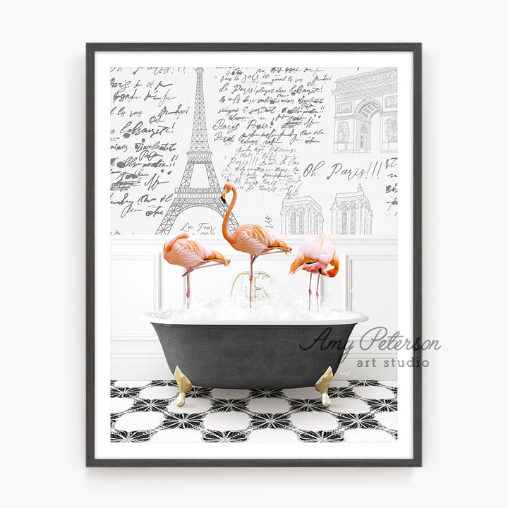 two flamingos in a bathtub with a black and white background