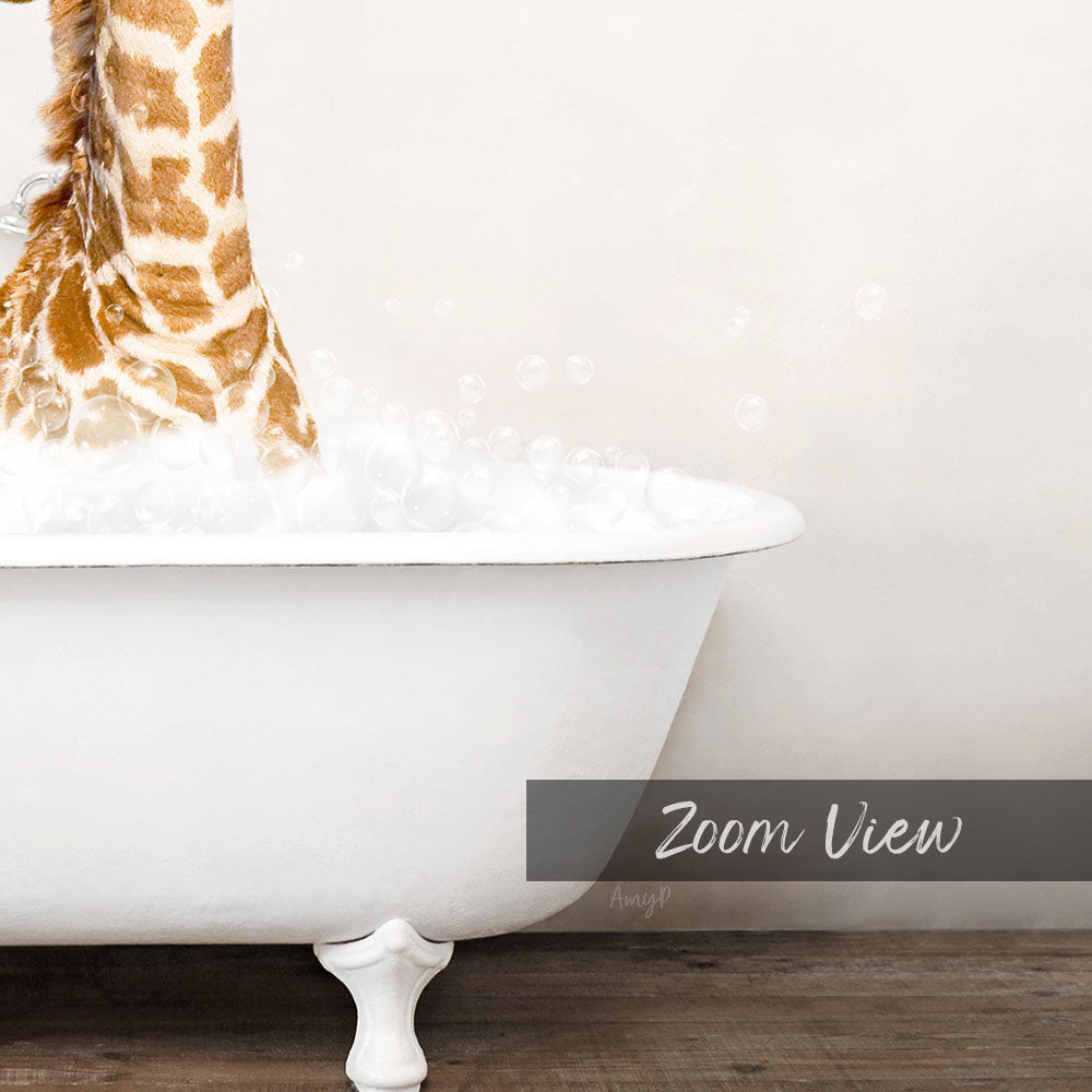 A giraffe standing in a white bathtub filled with bubbles, as captured in a close-up shot.