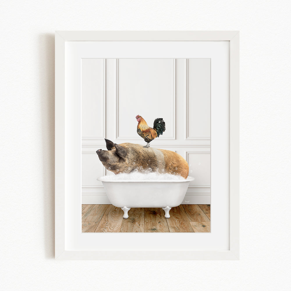 A rooster stands on a pig's back while the pig is sitting in a bathtub filled with water.